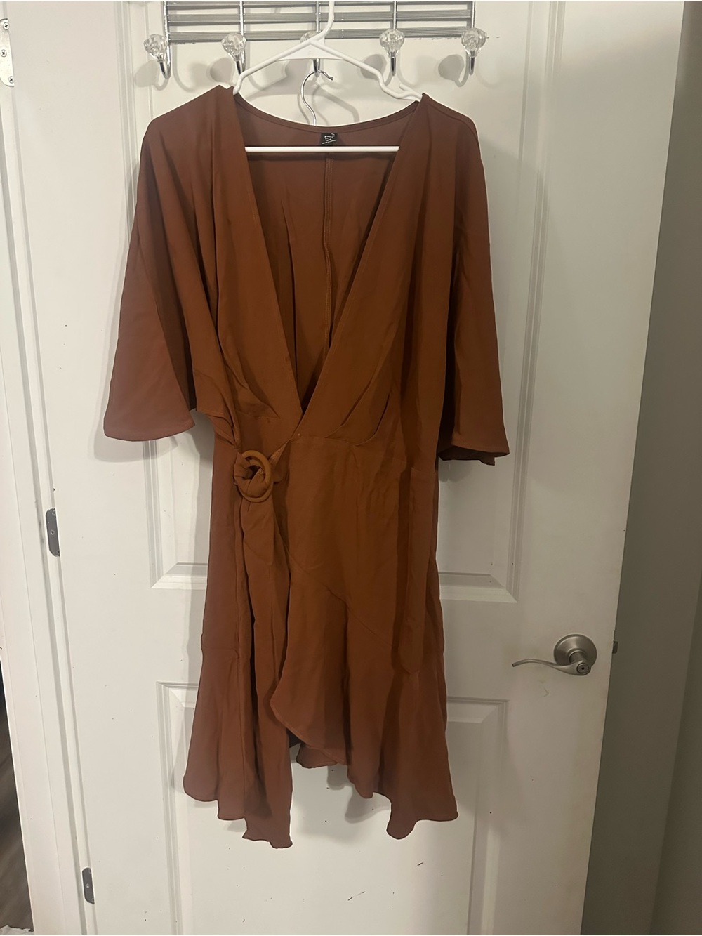 SHEIN Brown Wrap Midi Dress with Ring Accent